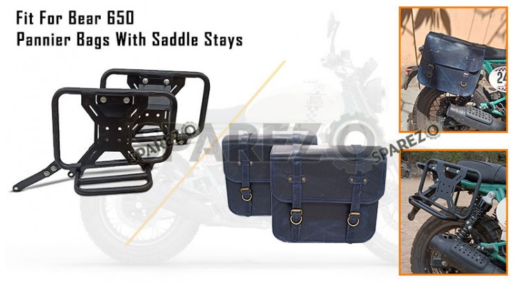 For Royal Enfield Bear 650 Canvas and Leather Pannier Bags Navy Blue With Saddle Stays - SPAREZO